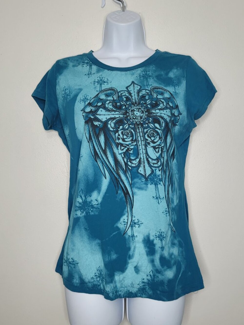 Ransom teal cyber grunge myspace emo short sleeve wings cross top size xl